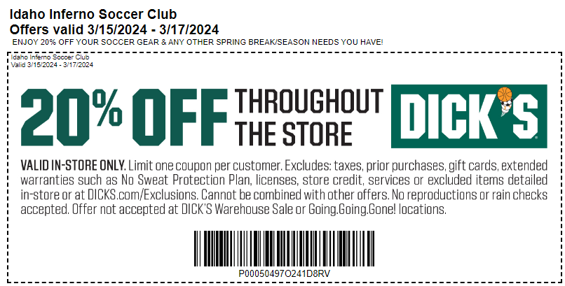 20% Off @ Dick's Sporting Goods March 15th - 17th - Idaho Inferno Soccer  Club